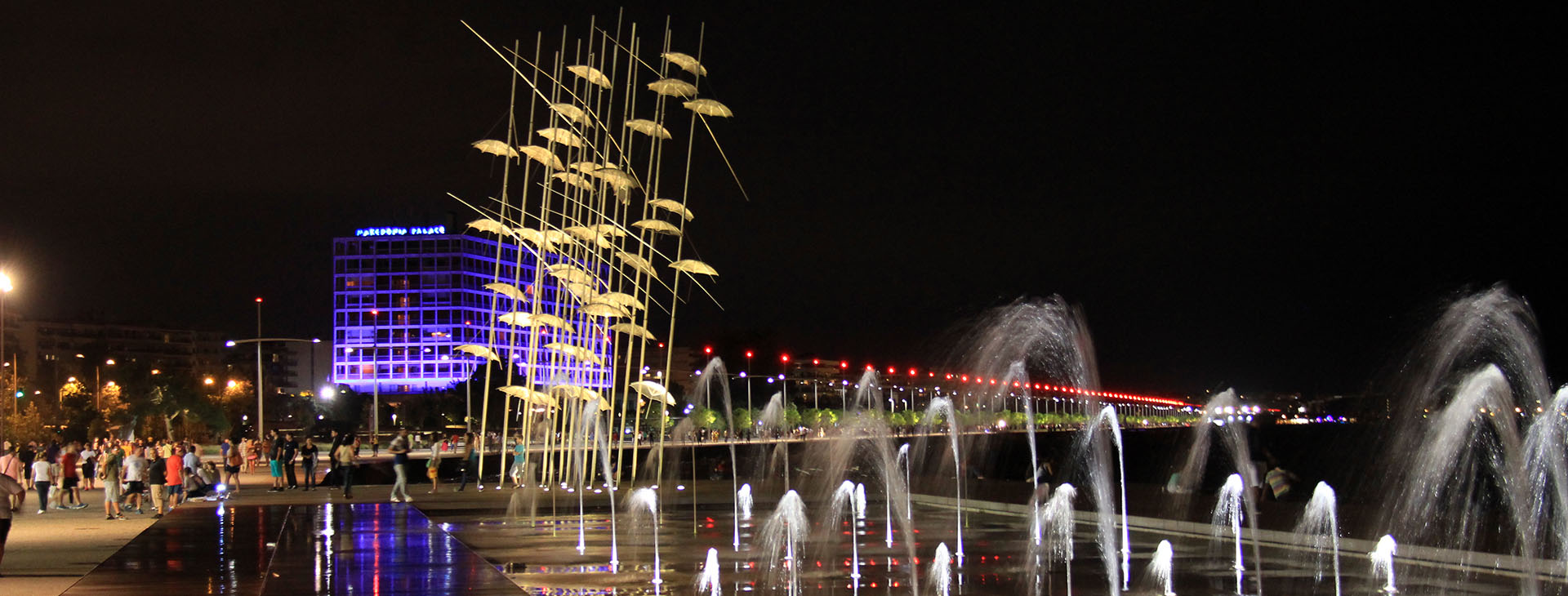 “Umbrellas” modern art statue by night, seafront of Thessaloniki City
